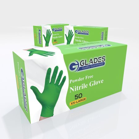 Glades Nitrile Disposable Gloves, 8 mil Palm, Nitrile, Powder-Free, XXL, 50 PK, Green HM2021889005-GN-XXL